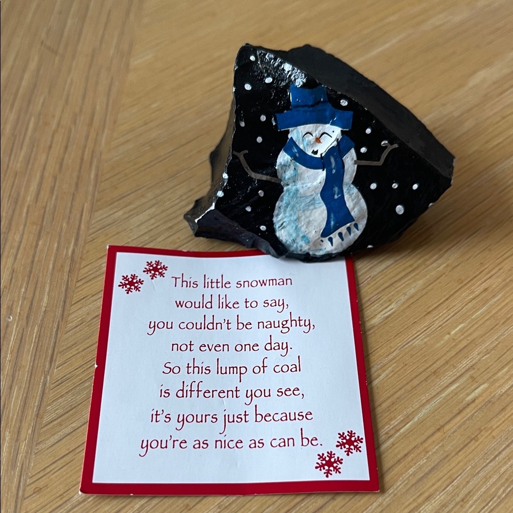 M. Glass Festive folk art hand painted snowman on coal rock